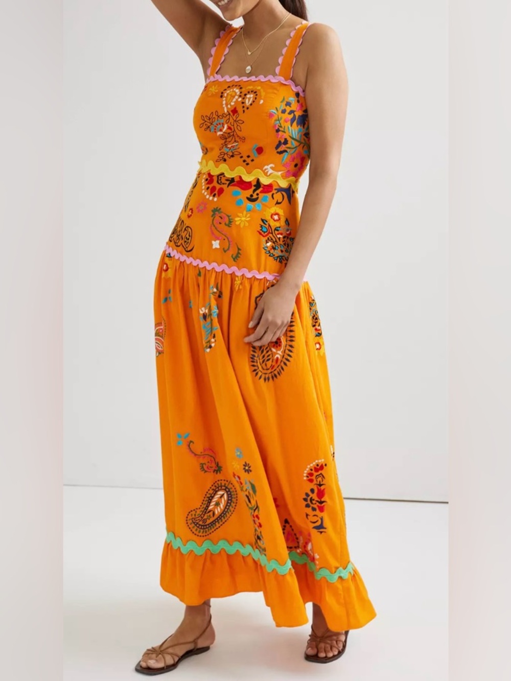 Maeve by Anthropologie Orange Maxi Dress with Multi Color Embroidery - Size 2